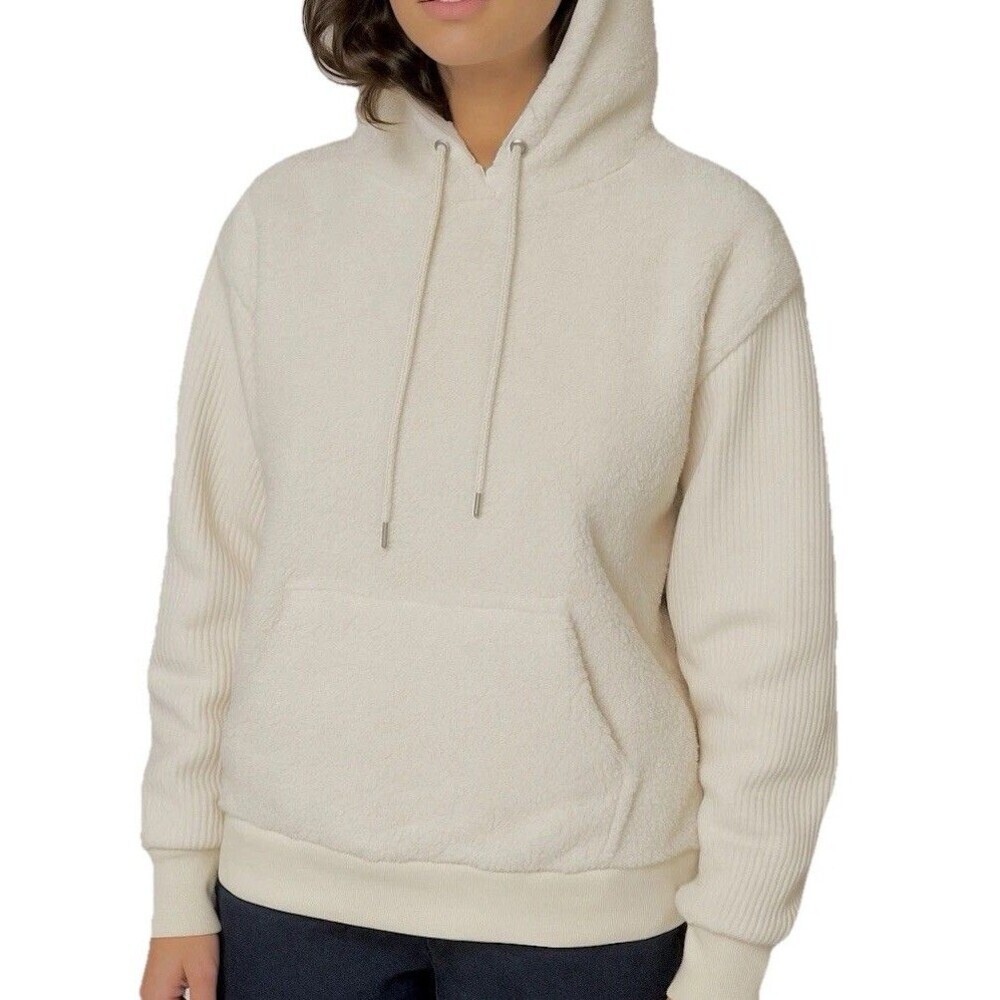 Sherpa Hoodie Womens Large Cream Faux Fur Pullover Cozy Rib Sleeve NWT